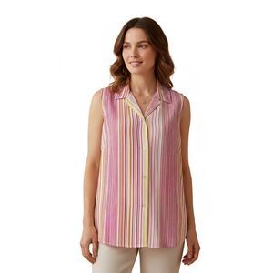Liz Claiborne Pink, Yellow Orange Striped Sleeveless Button Down Shirt
